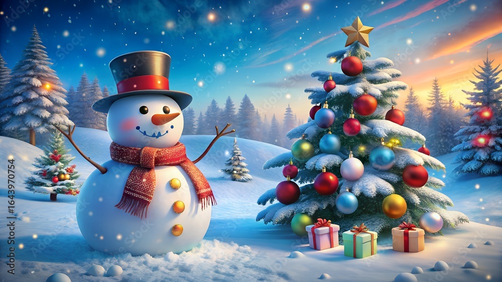 Fototapeta premium Photo of a cheerful snowman with a hat and scarf stands beside a decorated christmas tree in a snowy winter landscape with twinkling lights and falling snow