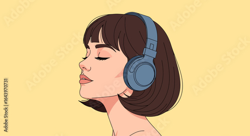 Serene Woman with Headphones Eyes Closed Enjoying Musics Melody.