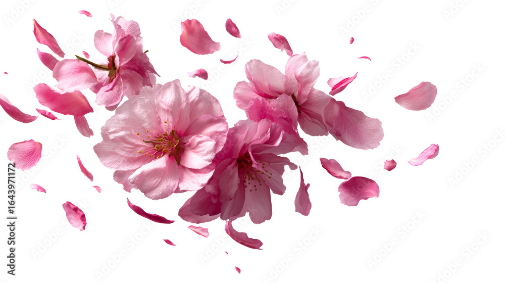 Fototapeta premium Pink Cherry Blossoms and Petals Floating on Transparent Background