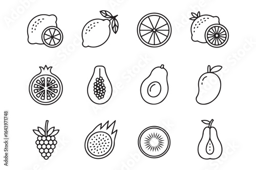 Vibrant Fruit Icons Lemon, Mango, Avocado & More Line Art Illustrations