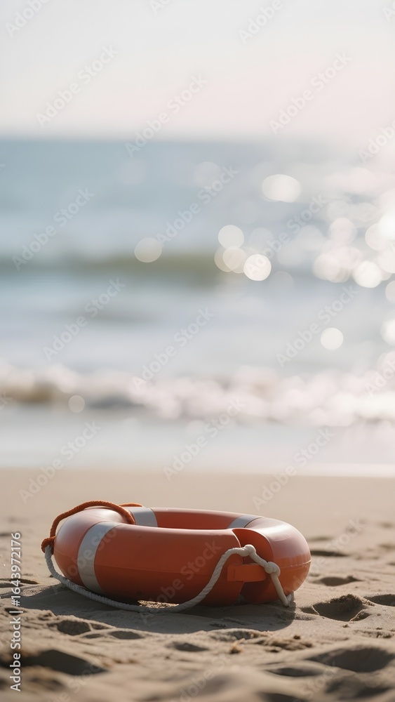 Obraz premium Orange and white lifebuoy on sandy beach with sea waves in background