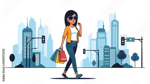 Stylish Woman Shopping in the City with Colorful Bags and Sunglasses.