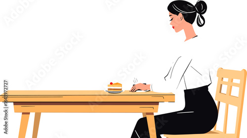 Woman at Cafe with Cake Contemplative Moment Simple Illustration.