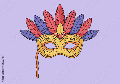 A vibrant festival mask with feathers and gold accents sits against a soft purple background. Perfect for party, celebration, or creative designs.  High-quality illustration.