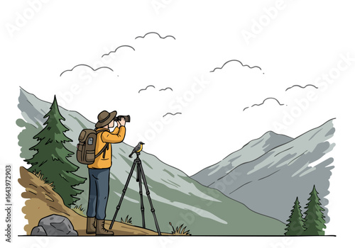 wildlife enthusiast observes a bird through binoculars in a scenic mountain landscape A tripod and backpack complete the scene capturing a moment of 'Wildlife Watch Delight'