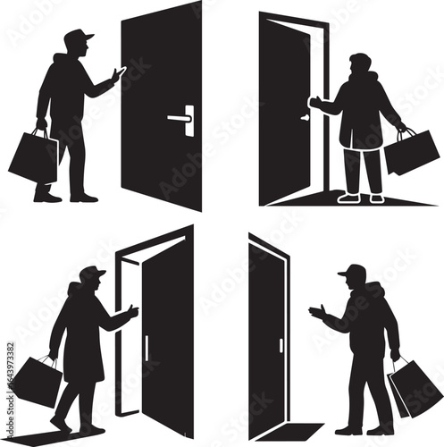 Delivery Person knocking door silhouette vector illustration for graphic design