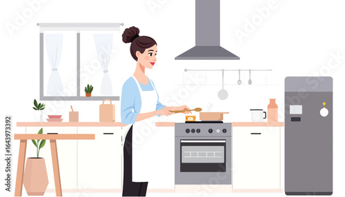 Woman Cooking in Modern Kitchen Stirring Food with Wooden Spoon Steam Rising.