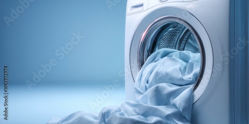 The washing machine filled with soft blue linens ready for a wash.