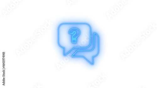 Neon glowing question mark icon inside chat bubbles on transparent background representing online help, faq support, digital query messaging, customer inquiry, troubleshooting, chatbot