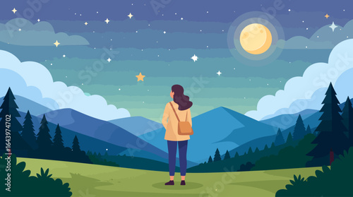 Woman gazing at the night sky moon mountains and stars.