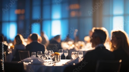 Elegant Dinner Party Guests Tables Formal Event Indoor Lighting Celebration Night Dining