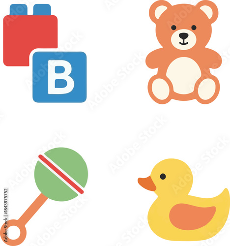 Vector art of set of baby toys including bear, duck, rattle and block isolated on white background