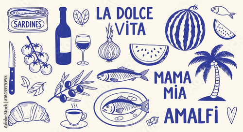 Italian coastal life and food illustration with la dolce vita theme
