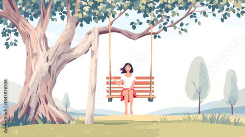 Woman on a Wooden Swing Beneath a Lush Shaded Tree.