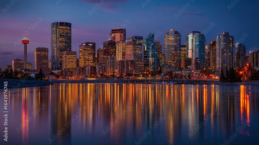 Fototapeta premium Tall buildings glow brilliantly against the twilight city skyline. 