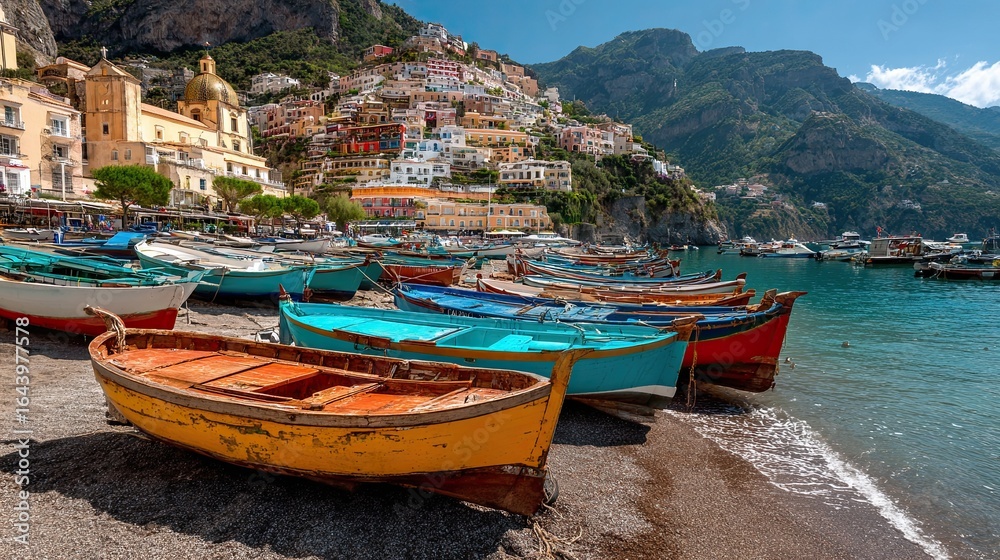 Obraz premium Colorful fishing boats were lined up in Positano’s harbor, creating a picturesque and lively scene by the water.