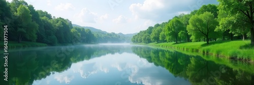 Serene river reflecting lush green trees misty morning sunlight and fluffy white clouds 104 characters