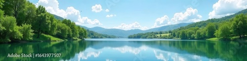Wide panorama of tranquil lake surrounded by lush green forest and mountains under a bright blue sky