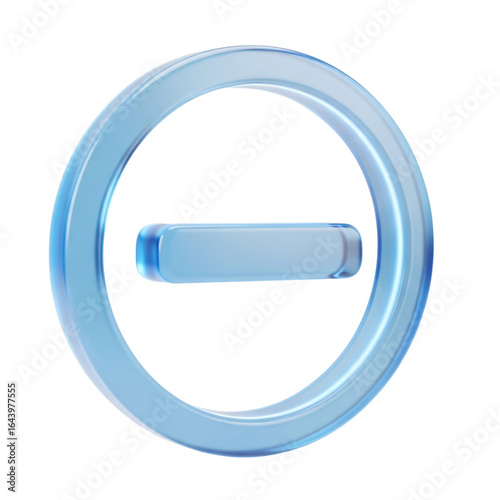 Glossy blue minus symbol inside a circular ring isolated on transparent background