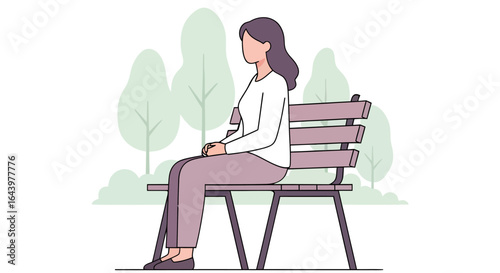 Woman Sitting on Park Bench Contemplating in a Peaceful Setting.