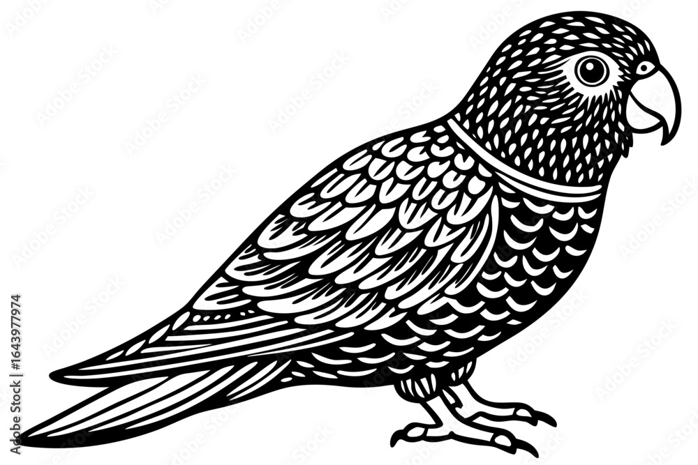 Fototapeta premium Elegant Black and White Parrot Illustration Detailed Line Art Bird Drawing
