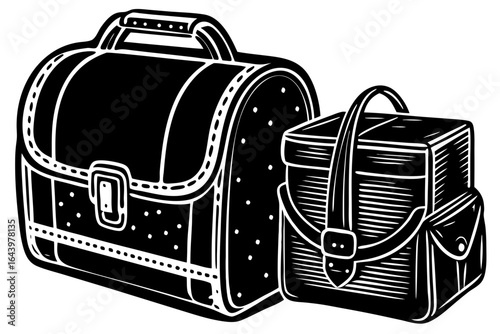 A vintage briefcase and lunchbox illustration in a classic black and white woodcut style. Retro school satchel and food container for design.