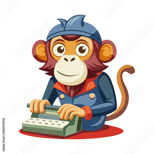 Playful cartoon monkey typing frantically on vintage typewriter in humorous creative vector illustration for writers, bloggers, and storytelling projects