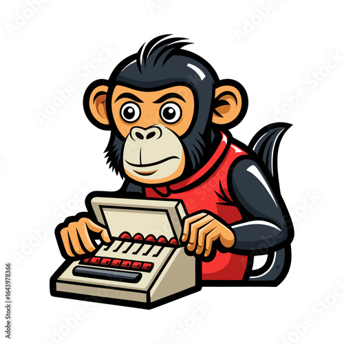 Playful cartoon monkey typing frantically on vintage typewriter in humorous creative vector illustration for writers, bloggers, and storytelling projects
