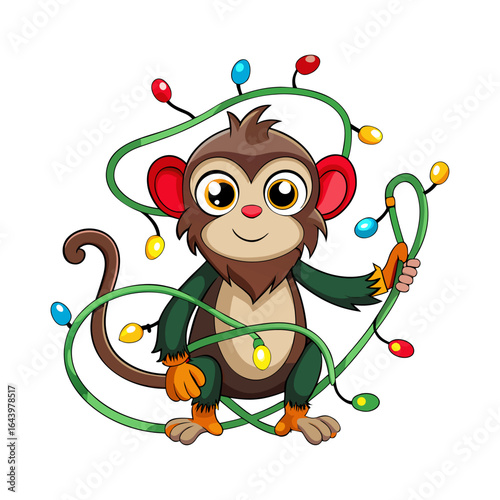 Playful Cartoon Monkey Tangled in Colorful Christmas Lights Vector Illustration for Festive Holiday Season, Perfect for Funny Greeting Cards and Decor