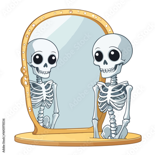 mirror showing a skeleton reflection with sparkly cartoon eyes and a confused expression