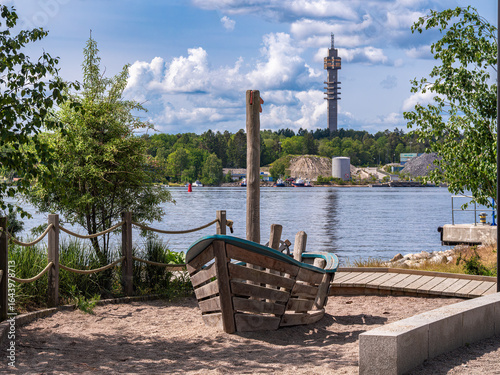 Photography Wooden Boat Playground by Waterfront with Tower View