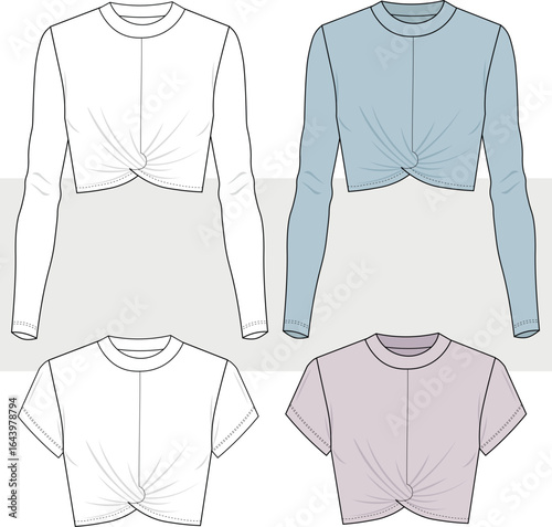 Women long sleeve, short sleeve front twist t shirt top - crop top set, fashion technical drawing, illustration. Cad, Mockup set.