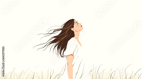 Womans Windblown Hair and Upward Gaze in a Peaceful Scene.