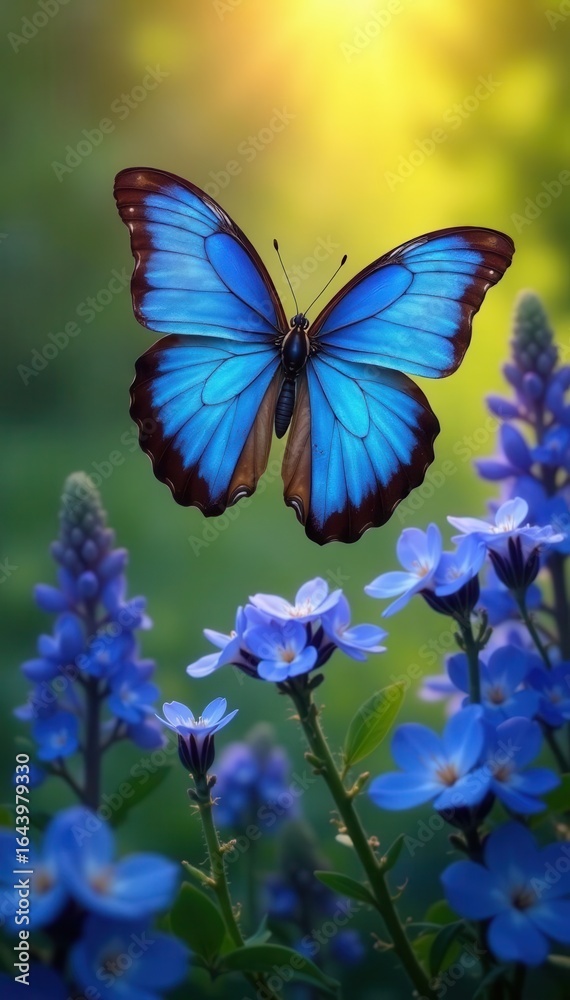 Fototapeta premium Bright blue butterfly hovering above delicate blue wildflowers in a sunlit meadow