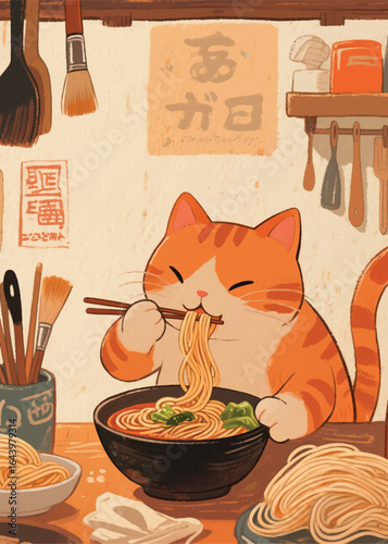 cat eating ramen at a shop Illustrator Artwork design template poster