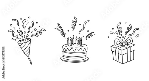 Celebration icons including party horn, cake with candles, and gift box  