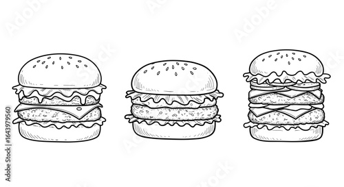 Outline Set 3 Icons, Black on White, Doodle, Different Burgers  