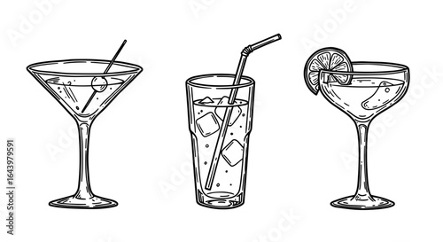Outline set of three cocktail icons, black on white, doodle style  