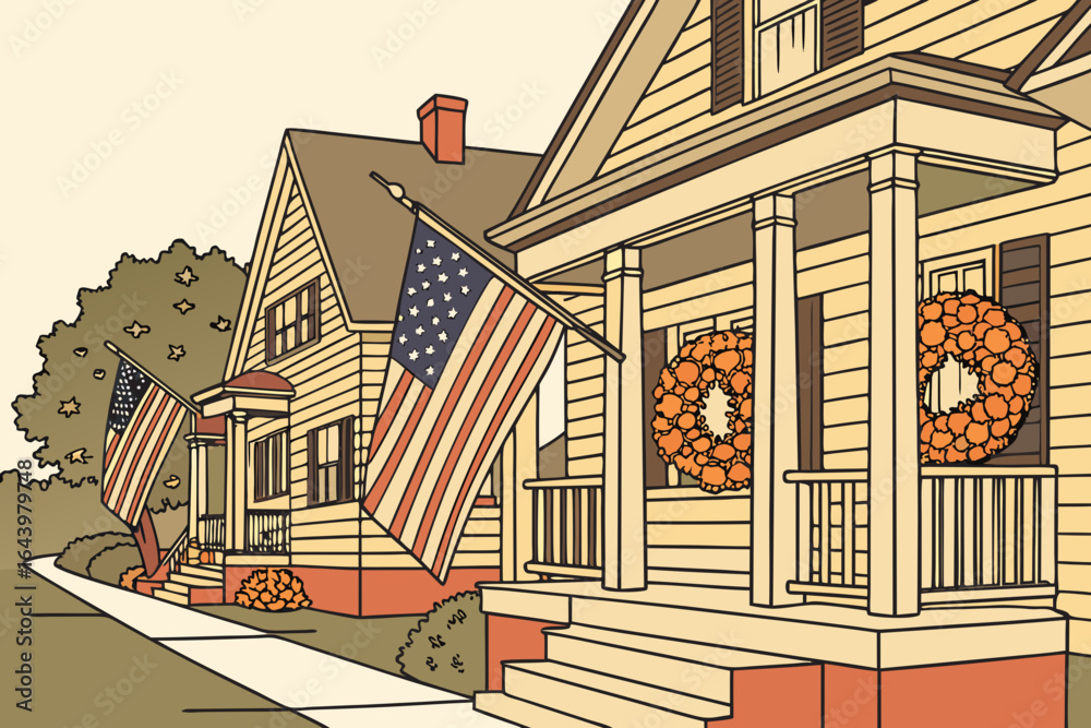 Fototapeta premium American flags and autumn wreaths displayed on porches for Veterans Day commemorations in small-town USA.