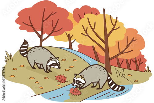 A pair of raccoons rummaging near a creek bank covered in crunchy fall leaves in northern Indiana.