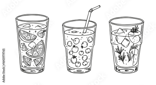 Outline Set 3 Icons, Black on White, Doodle, Different Drinks  