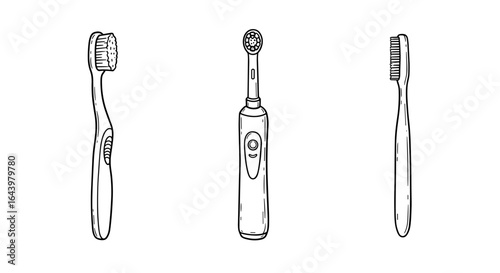 Outline Set of 3 Toothbrushes, Black on White, Doodle Style  