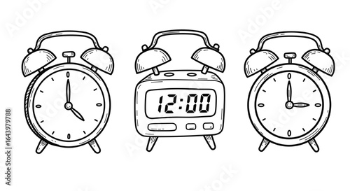Outline Set of 3 Alarm Clocks in Doodle Style on White Background  
