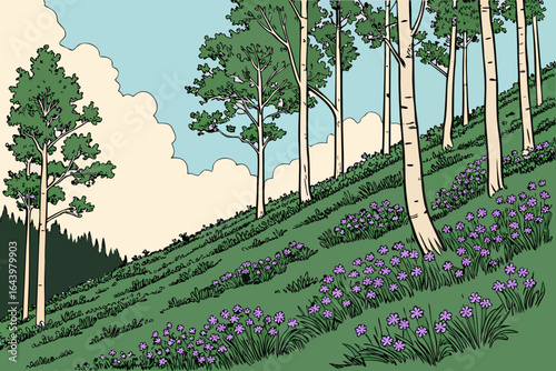 A slope covered in blooming columbine under the shade of aspen trees and a vivid blue Colorado sky.
