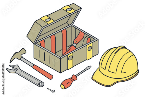 A toolbox open with tools spilling out beside a yellow hard hat and safety vest