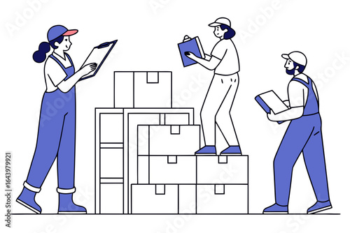 A team performing a cycle count with clipboards and scanning devices in hand, representing inventory auditing, modern flat illustration style.