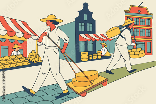 A vibrant cheese market in Alkmaar, Netherlands, with porters in straw hats carrying cheese on wooden barrows, surrounded by a lively crowd