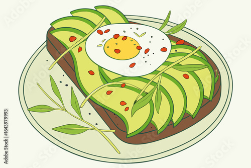 A vibrant avocado toast with poached egg, chili flakes, and microgreens on sourdough, symbolizing brunch culture, modern flat illustration style.