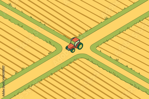 Aerial view of golden wheat fields divided by dirt roads with a tractor in motion, modern flat illustration style.
