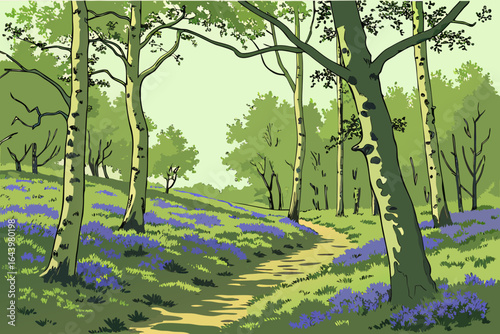 A forest clearing filled with bluebells in bloom under a canopy of birch trees and dappled sunlight.